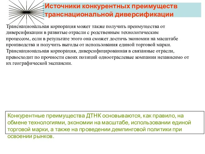 Источники конкурентных преимуществ транснациональной диверсификации Конкурентные преимущества ДТНК основываются, как правило,