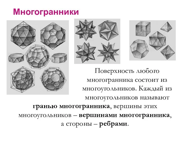 Многогранники Поверхность любого многогранника состоит из многоугольников. Каждый из многоугольников называют