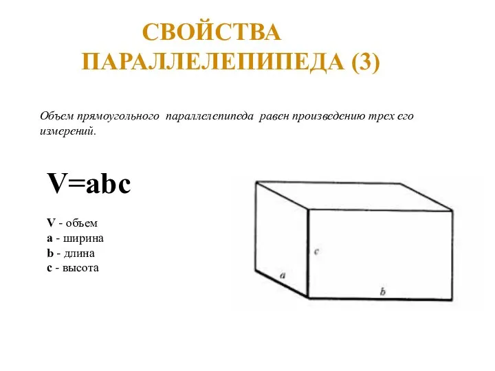 СВОЙСТВА ПАРАЛЛЕЛЕПИПЕДА (3) Объем прямоугольного параллелепипеда равен произведению трех его измерений.
