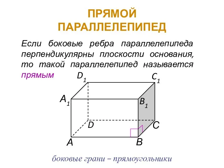 ПРЯМОЙ ПАРАЛЛЕЛЕПИПЕД Если боковые ребра параллелепипеда перпендикулярны плоскости основания, то такой