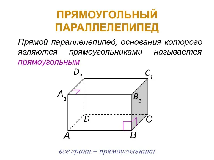 ПРЯМОУГОЛЬНЫЙ ПАРАЛЛЕЛЕПИПЕД Прямой параллелепипед, основания которого являются прямоугольниками называется прямоугольным все грани – прямоугольники