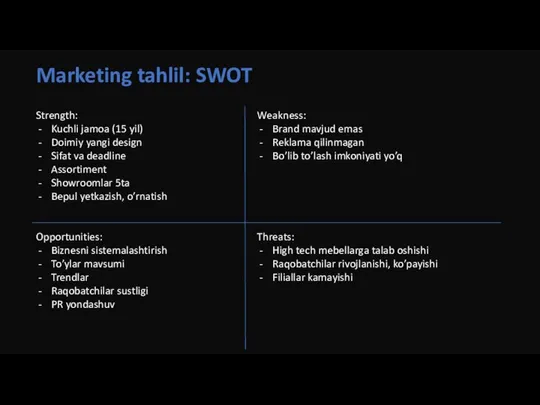 Marketing tahlil: SWOT Strength: Kuchli jamoa (15 yil) Doimiy yangi design