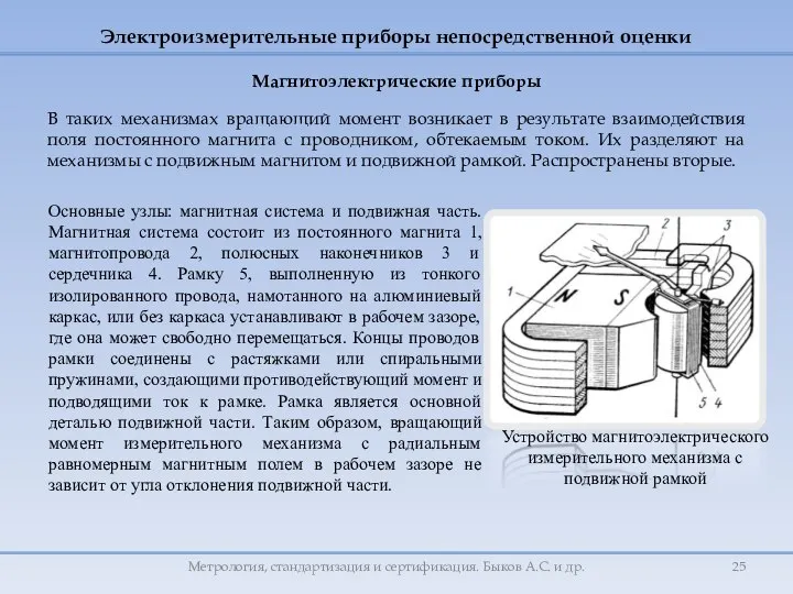 Магнитоэлектрические приборы В таких механизмах вращающий момент возникает в результате взаимодействия