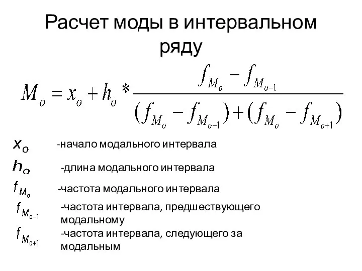 Расчет моды в интервальном ряду -начало модального интервала -длина модального интервала