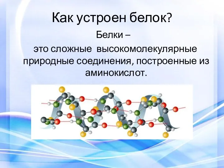 Как устроен белок? Белки – это сложные высокомолекулярные природные соединения, построенные из аминокислот.