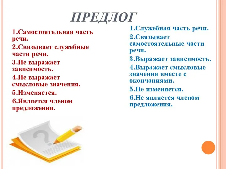 ПРЕДЛОГ 1.Самостоятельная часть речи. 2.Связывает служебные части речи. 3.Не выражает зависимость.