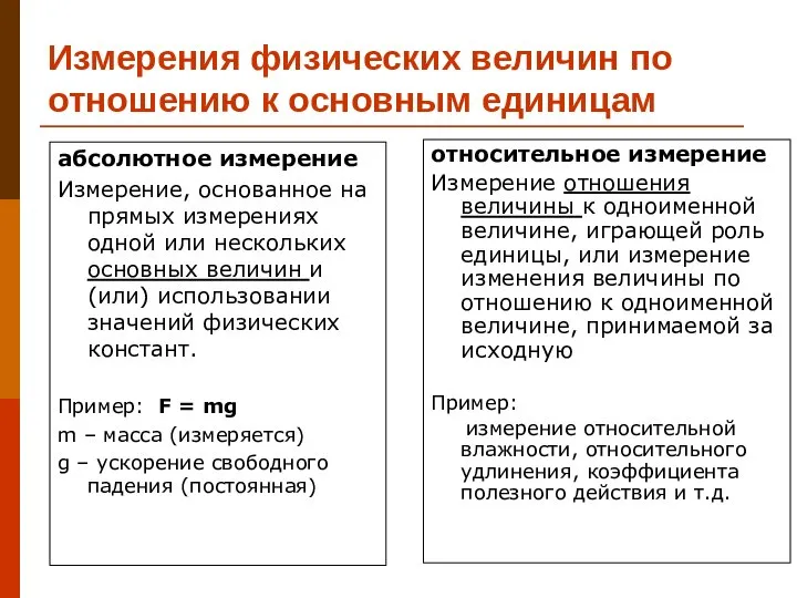 Измерения физических величин по отношению к основным единицам абсолютное измерение Измерение,