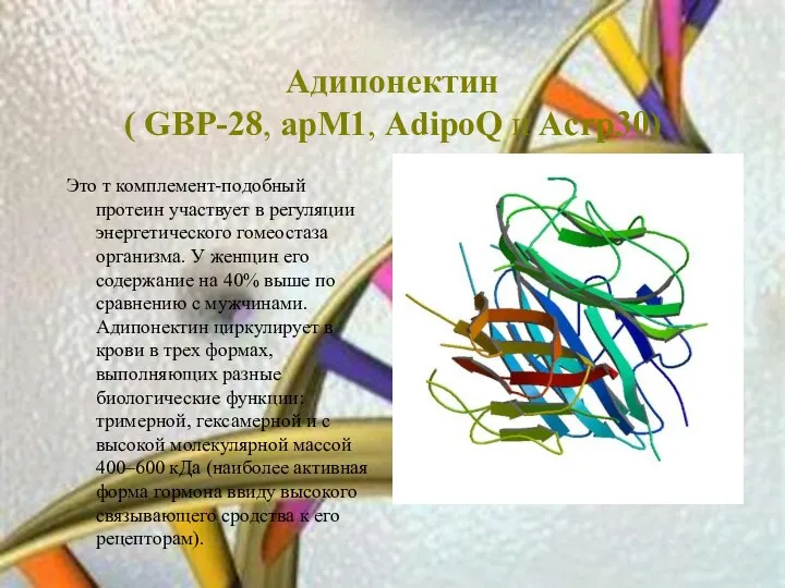 Адипонектин ( GBP-28, apM1, AdipoQ и Acrp30) Это т комплемент-подобный протеин