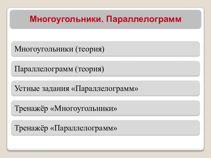 Многоугольники. Параллелограмм Многоугольники (теория) Параллелограмм (теория) Устные задания «Параллелограмм» Тренажёр «Многоугольники» Тренажёр «Параллелограмм»