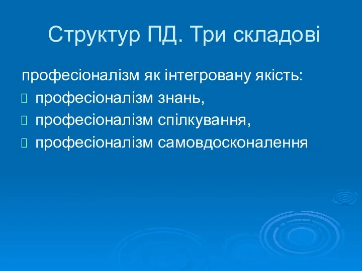 Структур ПД. Три складові професіоналізм як інтегровану якість: професіоналізм знань, професіоналізм спілкування, професіоналізм самовдосконалення