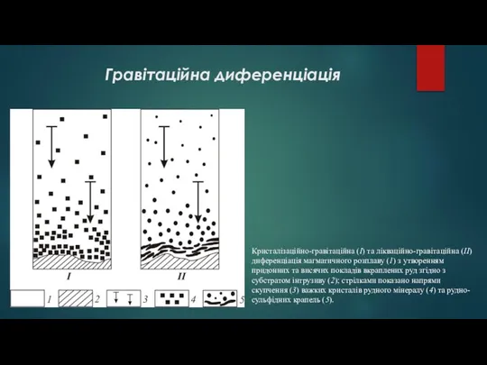 Гравітаційна диференціація Кристалізаційно-гравітаційна (І) та лікваційно-гравітаційна (ІІ) диференціація магматичного розплаву (1)