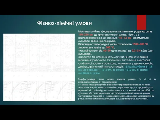 Фізико-хімічні умови Морфоструктурні типи рудних покладів ранньо- (а, б, в) та