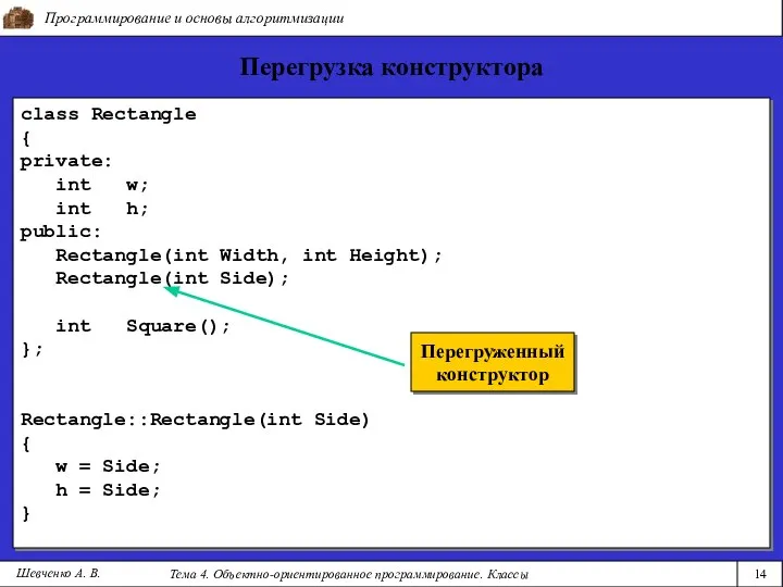 Программирование и основы алгоритмизации Тема 4. Объектно-ориентированное программирование. Классы 14 Шевченко