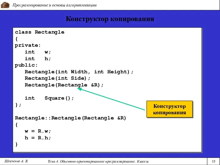 Программирование и основы алгоритмизации Тема 4. Объектно-ориентированное программирование. Классы 15 Шевченко