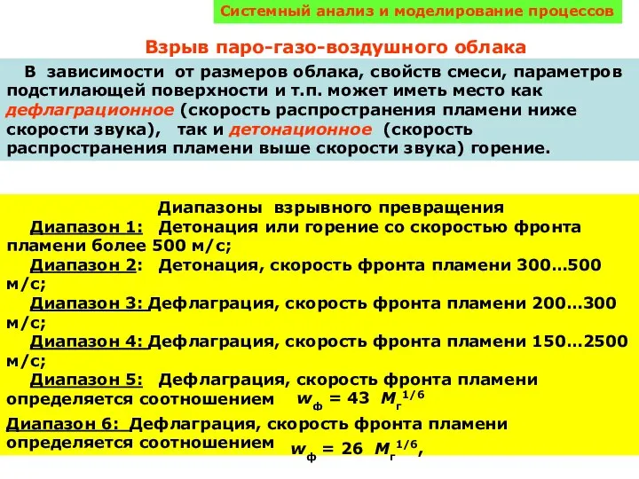 Системный анализ и моделирование процессов Взрыв паро-газо-воздушного облака В зависимости от