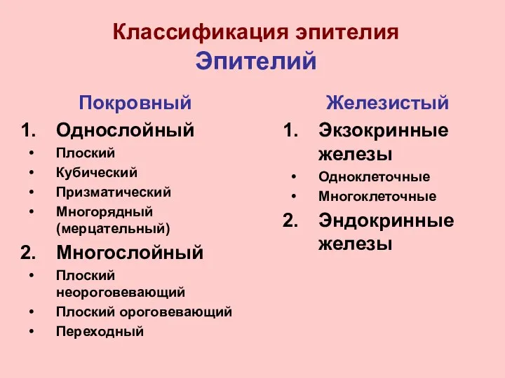 Классификация эпителия Эпителий Покровный Однослойный Плоский Кубический Призматический Многорядный (мерцательный) Многослойный