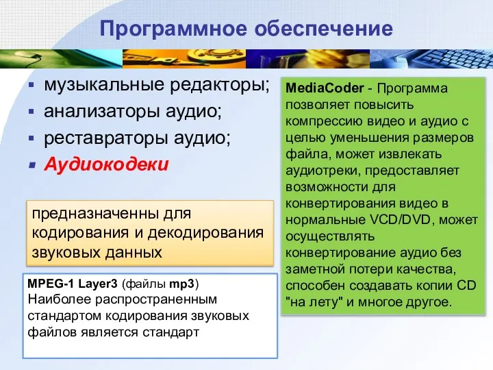 Программное обеспечение музыкальные редакторы; анализаторы аудио; реставраторы аудио; Аудиокодеки предназначенны для