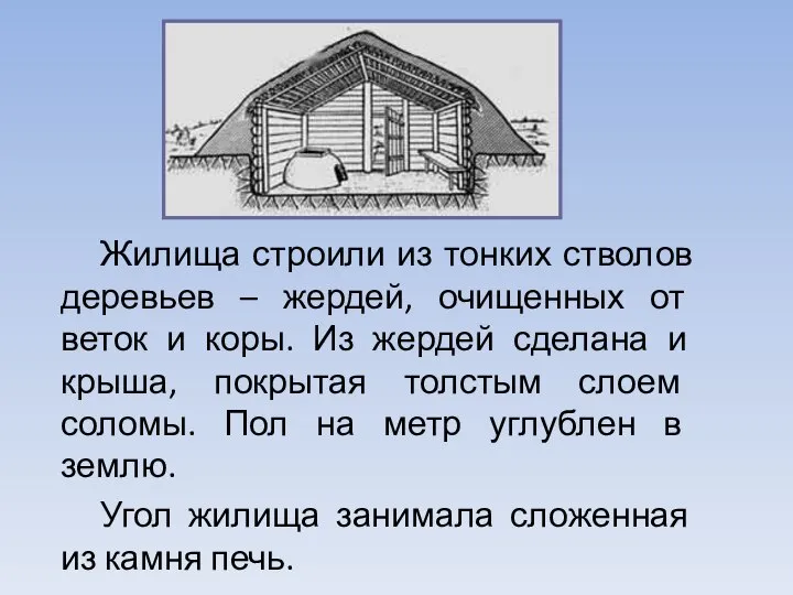 Жилища строили из тонких стволов деревьев – жердей, очищенных от веток