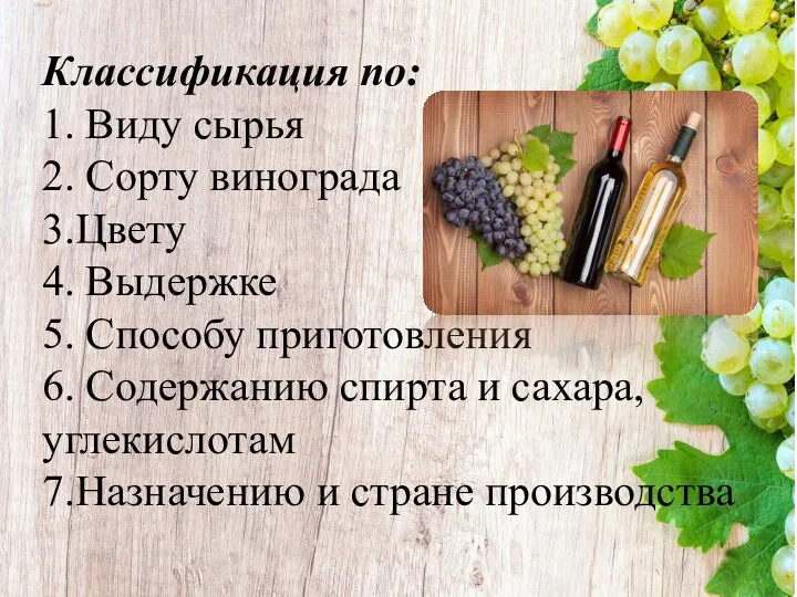 Классификация по: 1. Виду сырья 2. Сорту винограда 3.Цвету 4. Выдержке