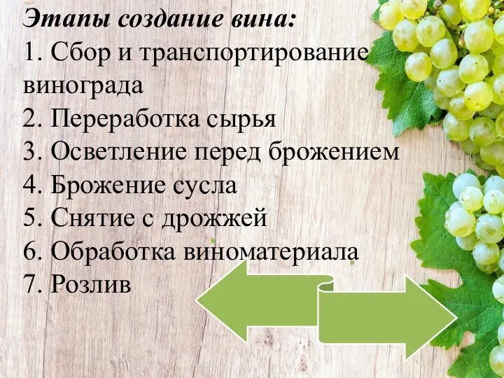 Этапы создание вина: 1. Сбор и транспортирование винограда 2. Переработка сырья