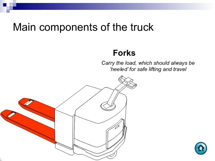 Main components of the truck Forks Carry the load, which should