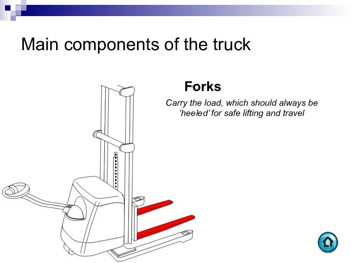 Main components of the truck Forks Carry the load, which should