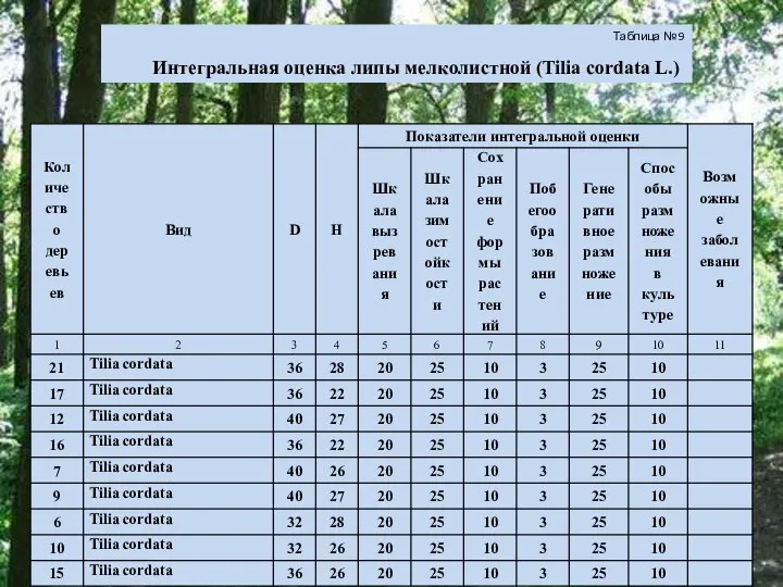 Таблица № 9 Интегральная оценка липы мелколистной (Tilia cordata L.)