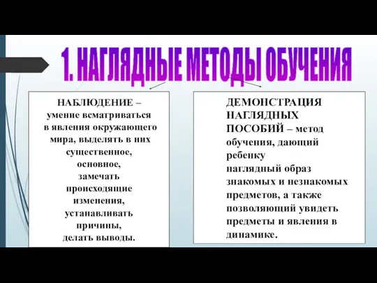 1. НАГЛЯДНЫЕ МЕТОДЫ ОБУЧЕНИЯ НАБЛЮДЕНИЕ – умение всматриваться в явления окружающего