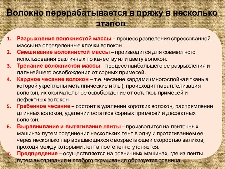 Волокно перерабатывается в пряжу в несколько этапов: Разрыхление волокнистой массы –