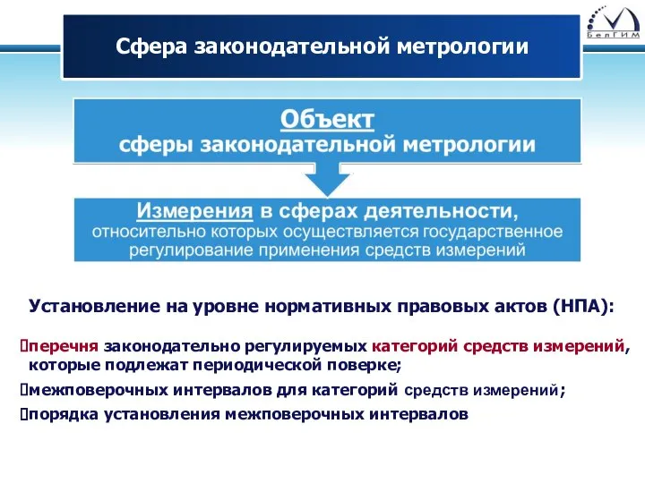 Сфера законодательной метрологии Установление на уровне нормативных правовых актов (НПА): перечня