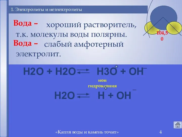 «Капля воды и камень точит» 1. Электролиты и неэлектролиты Вода –