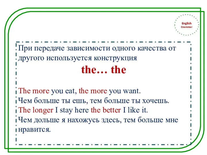 English Grammar При передаче зависимости одного качества от другого используется конструкция