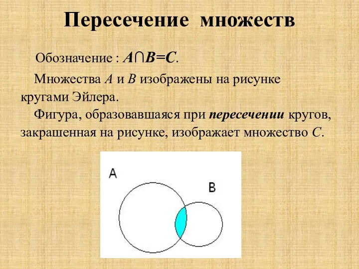 Обозначение : А∩В=С. Множества А и В изображены на рисунке кругами