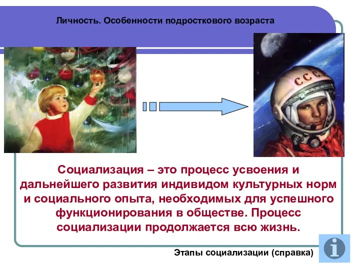 Личность. Особенности подросткового возраста Социализация – это процесс усвоения и дальнейшего