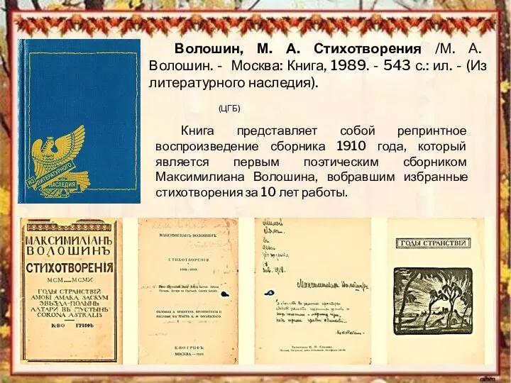 Волошин, М. А. Стихотворения /М. А. Волошин. - Москва: Книга, 1989.