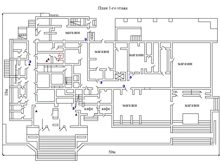 План 1-го этажа кафе кафе магазин магазин магазин магазин магазин магазин 50м 18м Парихмахерская