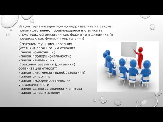 Законы организации можно подразделить на законы, преимущественно проявляющиеся в статике (в