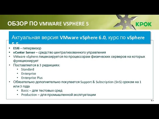 /6 ОБЗОР ПО VMWARE VSPHERE 5 Актуальная версия VMware vSphere 6.0,