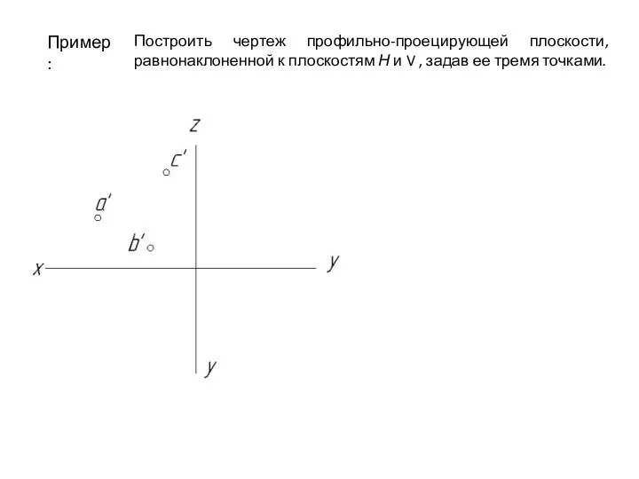 Пример: Построить чертеж профильно-проецирующей плоскости, равнонаклоненной к плоскостям Н и V , задав ее тремя точками.