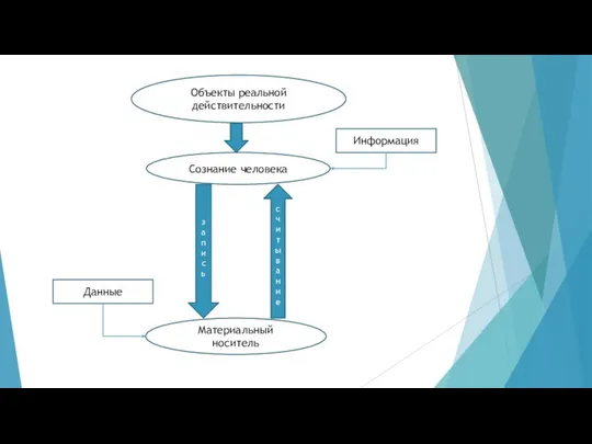 Материальный носитель Сознание человека Объекты реальной действительности запись считывание Данные Информация