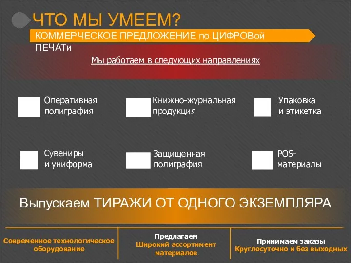 ЧТО МЫ УМЕЕМ? Оперативная полиграфия Книжно-журнальная продукция Упаковка и этикетка Сувениры