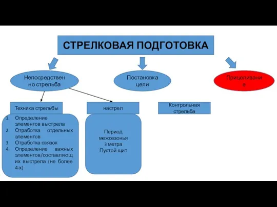 СТРЕЛКОВАЯ ПОДГОТОВКА Непосредственно стрельба Постановка цели Прицеливание Техника стрельбы настрел Контрольная