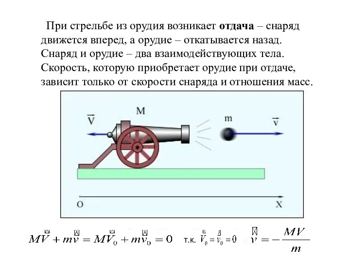 При стрельбе из орудия возникает отдача – снаряд движется вперед, а