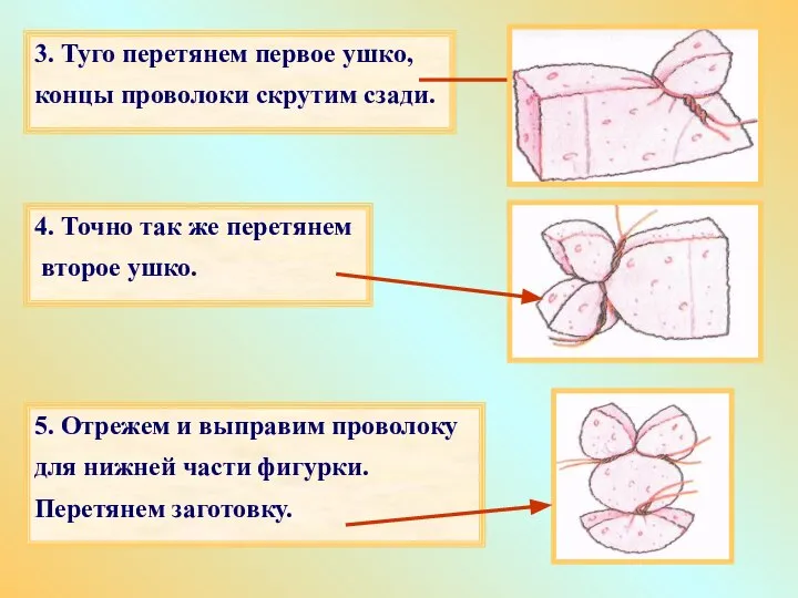 3. Туго перетянем первое ушко, концы проволоки скрутим сзади. 4. Точно