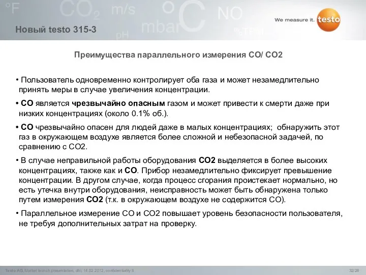 Преимущества параллельного измерения CO/ CO2 Новый testo 315-3 Пользователь одновременно контролирует