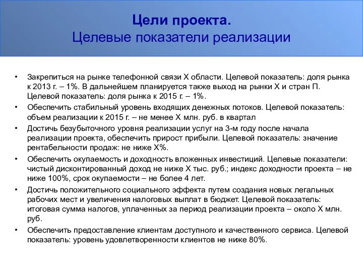 Цели проекта. Целевые показатели реализации Закрепиться на рынке телефонной связи Х