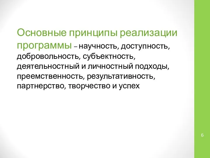 Основные принципы реализации программы – научность, доступность, добровольность, субъектность, деятельностный и