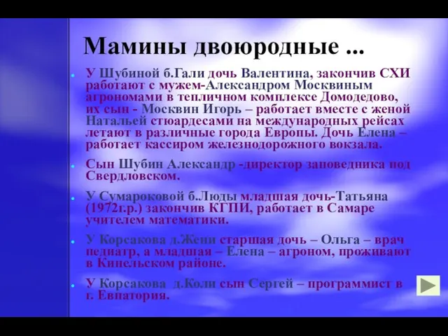 Мамины двоюродные ... У Шубиной б.Гали дочь Валентина, закончив СХИ работают