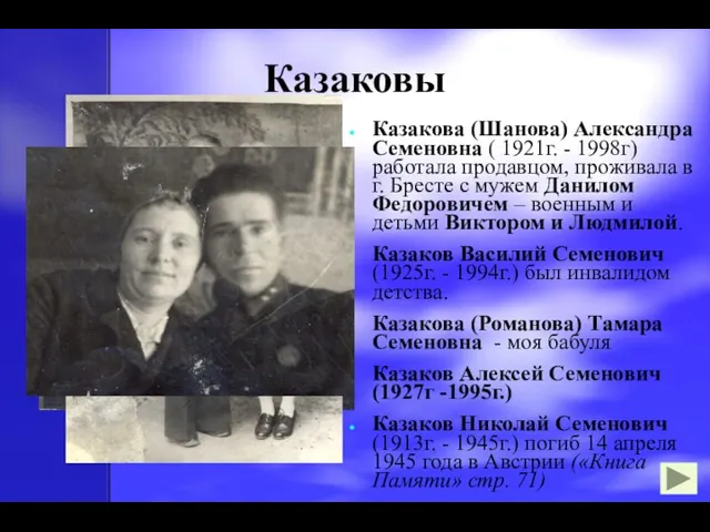 Казаковы Казакова (Шанова) Александра Семеновна ( 1921г. - 1998г) работала продавцом,