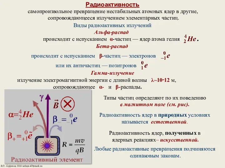 Радиоактивность самопроизвольное превращение нестабильных атомных ядер в другие, сопровождающееся излучением элементарных